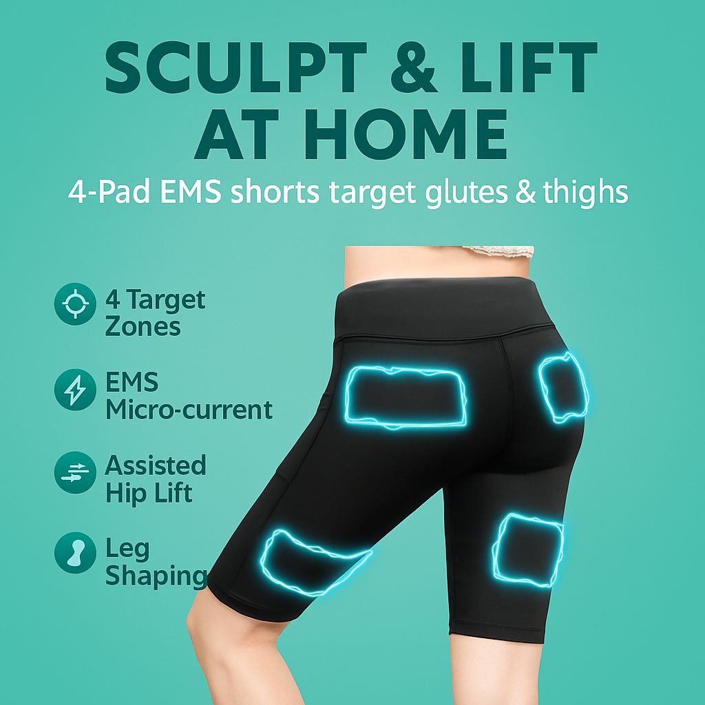 Black EMS shorts with glowing blue pads on a teal background, highlighting features and benefits.