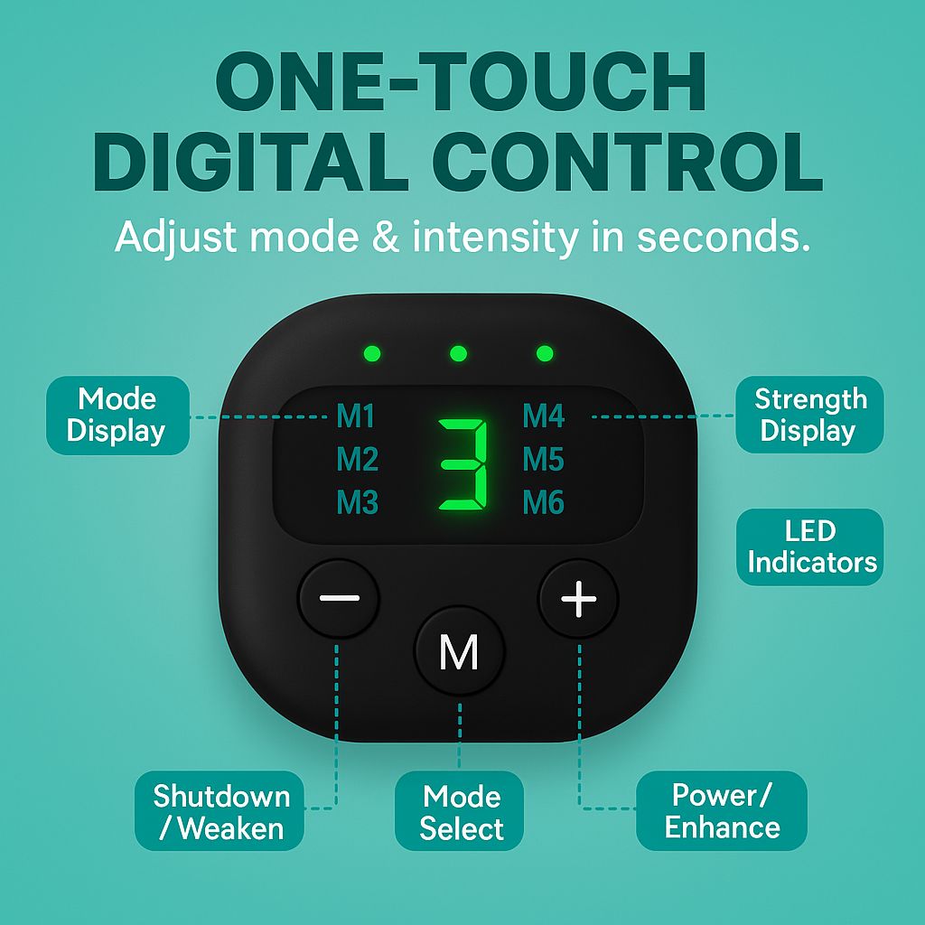 One-touch digital control device with labeled components on a teal background