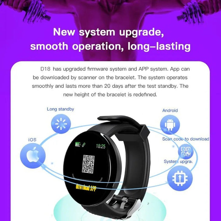 Premium D18 Smart Watch - Waterproof Fitness Tracker with Heart Rate, Blood Pressure, Oxygen Monitor, Call & Message Notifications, Compatible with Android & iOS - PhysioFitLab