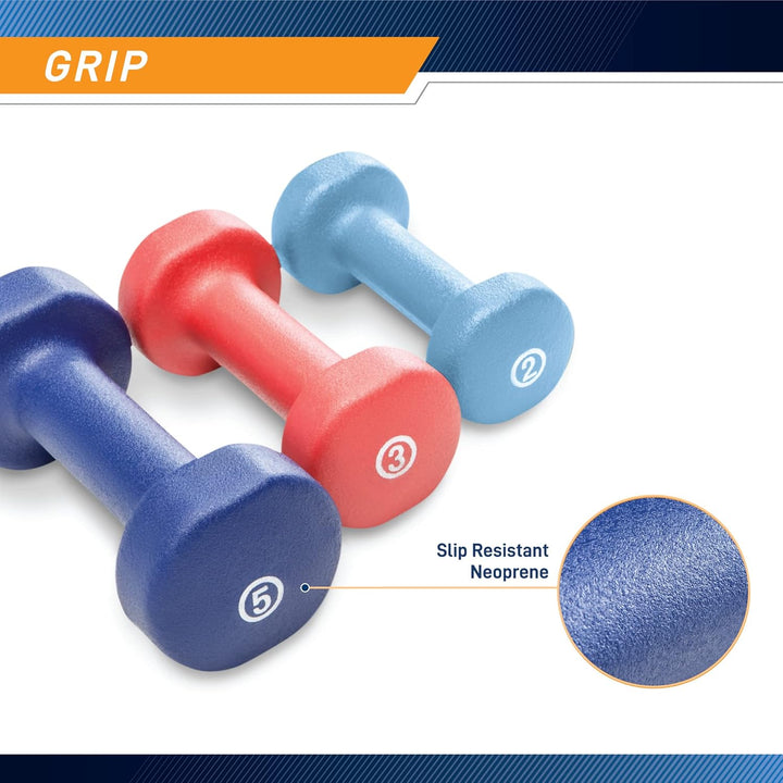 Premium Colored Neoprene Dumbbell Set – Non-Slip Grip for Weightlifting, Includes 2lb, 3lb, 5lb Weights, Compact Storage