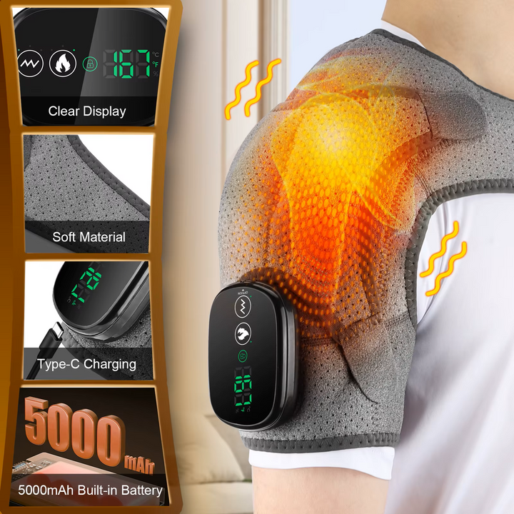 Premium Electrically Heated Shoulder Pads - USB Charging, 3 Heating Levels, 5000mAh Battery, Vibration Massage Device for Pain Relief and Muscle Relaxation - PhysioFitLab